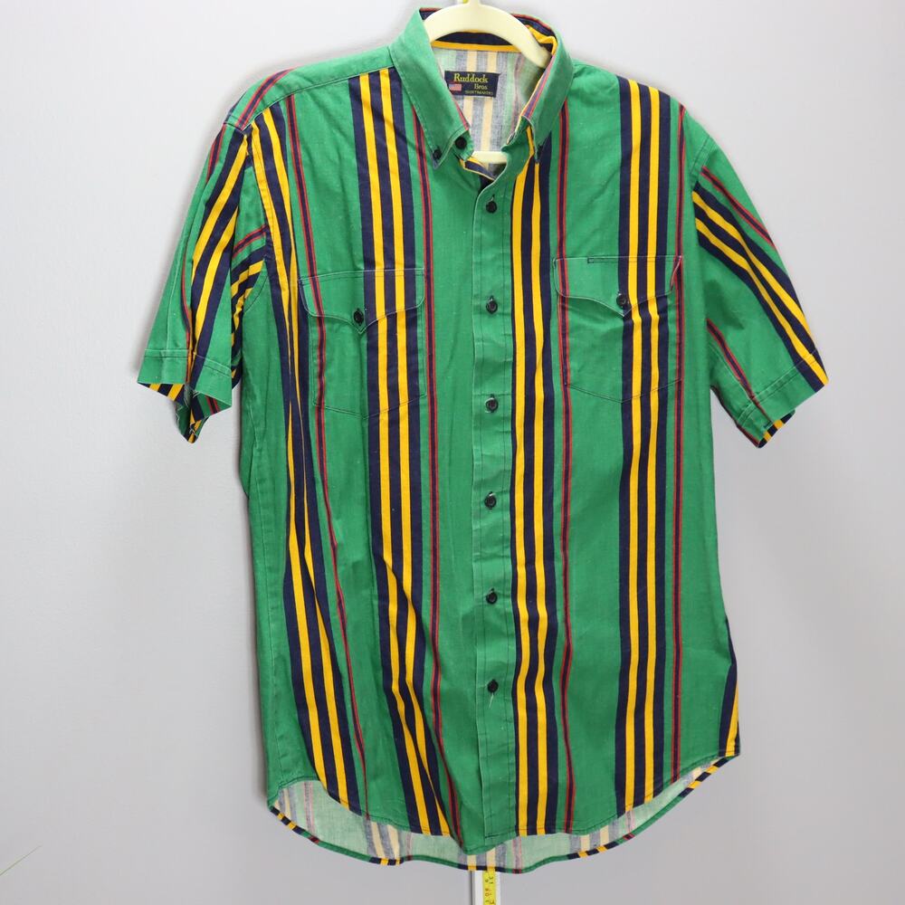 Ruddock Bros Striped Western Shirt Green Yellow Made in USA Sz M